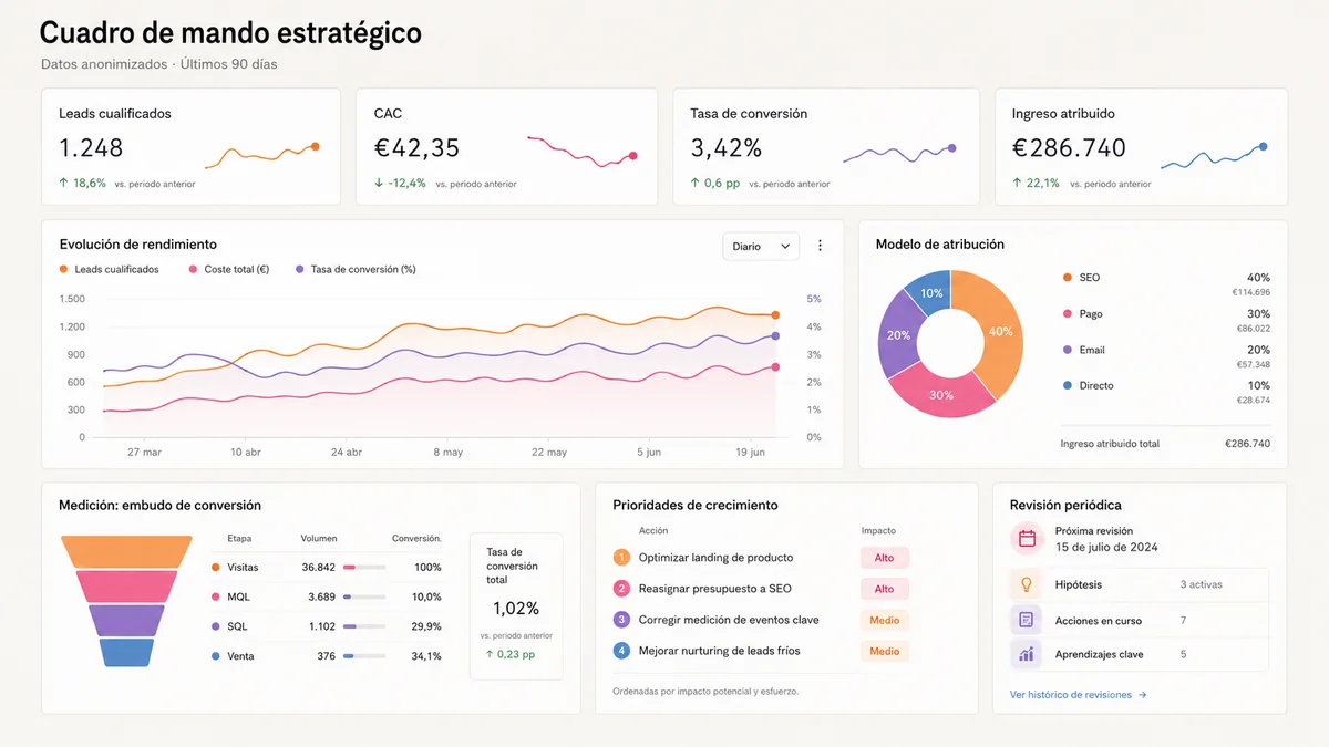 Cuadro de mando con leads cualificados, coste de adquisición, tasa de conversión e ingreso atribuido, más la evolución de rendimiento, el modelo de atribución por canal y el embudo de conversión